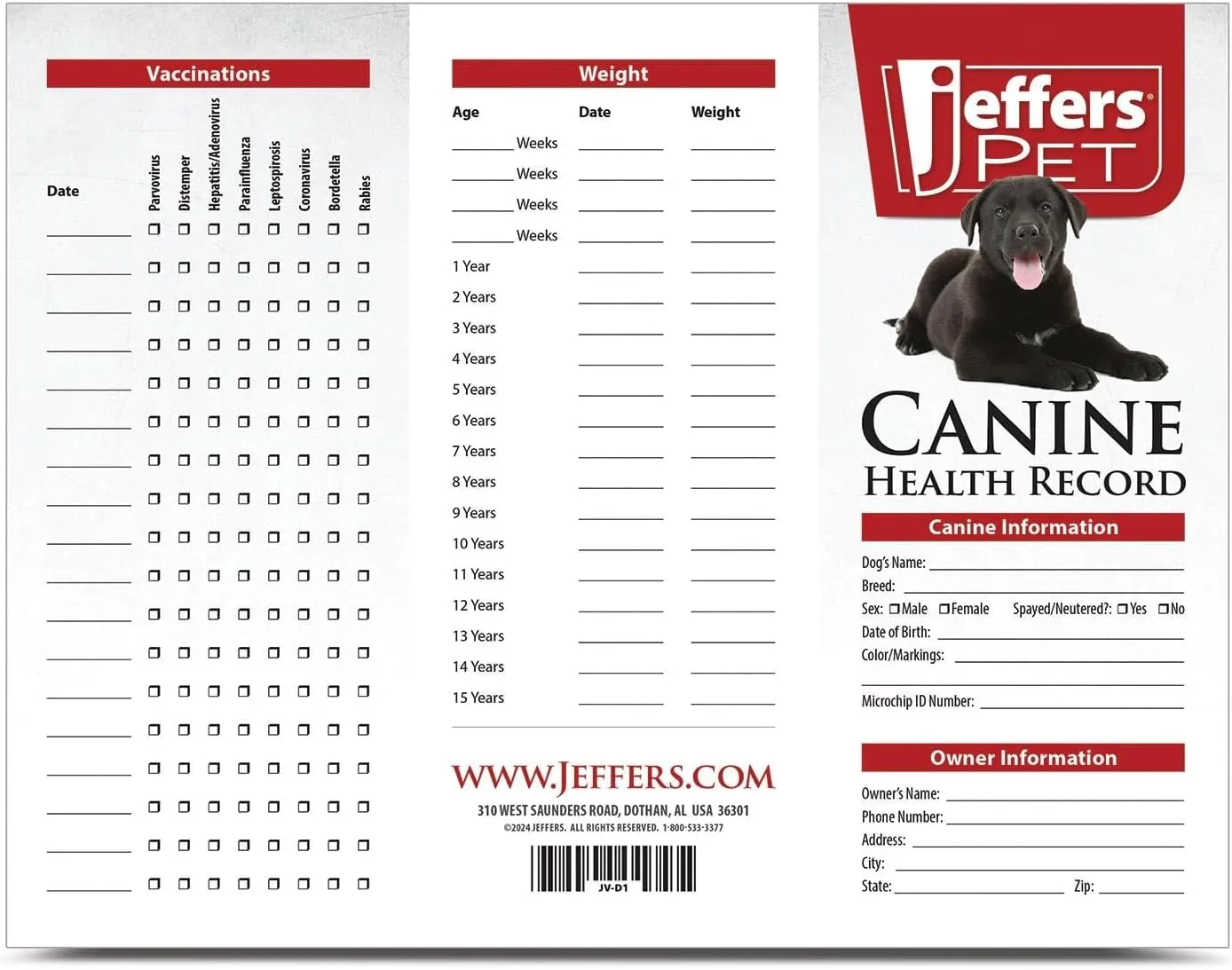 Jeffers Canine Health Records, Single Pack - Health Tracker & Monitor Logbook for Vaccinations, Treatment and Wellness, Includes Owner Info, Veterinary Record Keeper, Dog Care Organizer