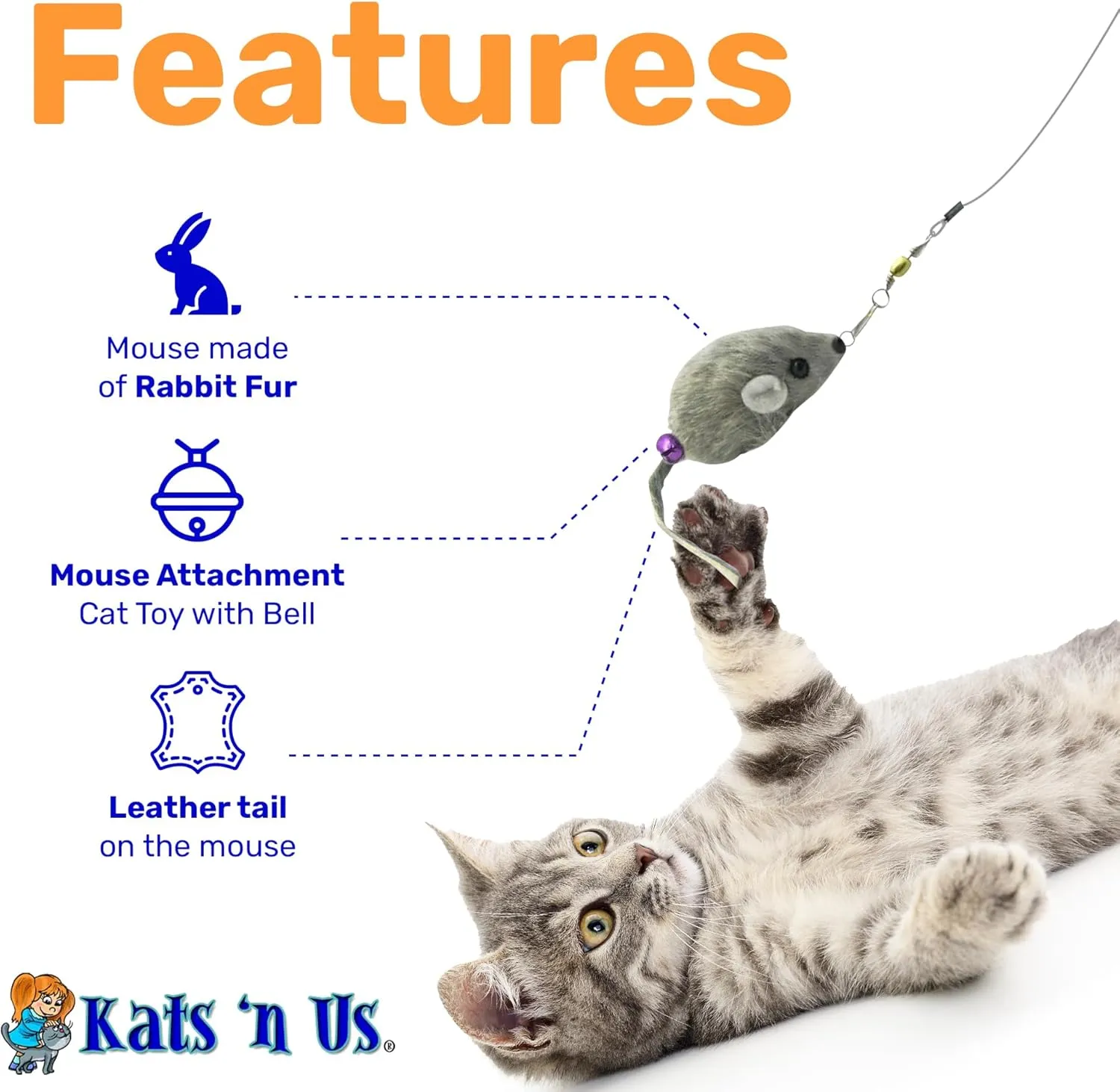 Kats'N Us Rabbit Fur Cat Toy Wand - Furry Mouse with Bell, Interactive Toy Mice for Cats, Cat Entertainment Wand Toy - Grey 2 Inch Mouse