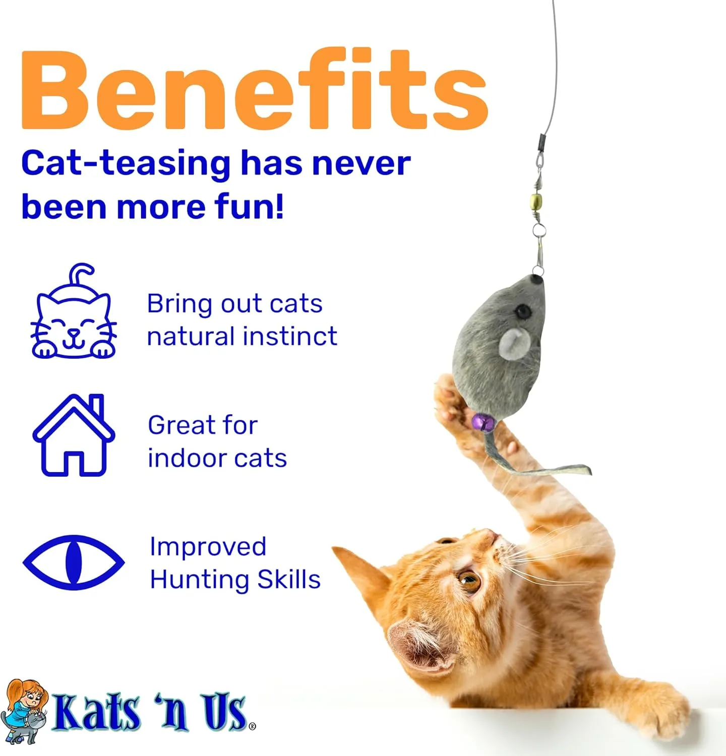 Kats'N Us Rabbit Fur Cat Toy Wand - Furry Mouse with Bell, Interactive Toy Mice for Cats, Cat Entertainment Wand Toy - Grey 2 Inch Mouse