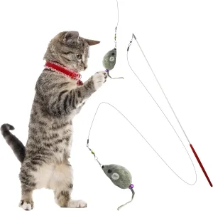 Kats'N Us Rabbit Fur Cat Toy Wand - Furry Mouse with Bell, Interactive Toy Mice for Cats, Cat Entertainment Wand Toy - Grey 2 Inch Mouse
