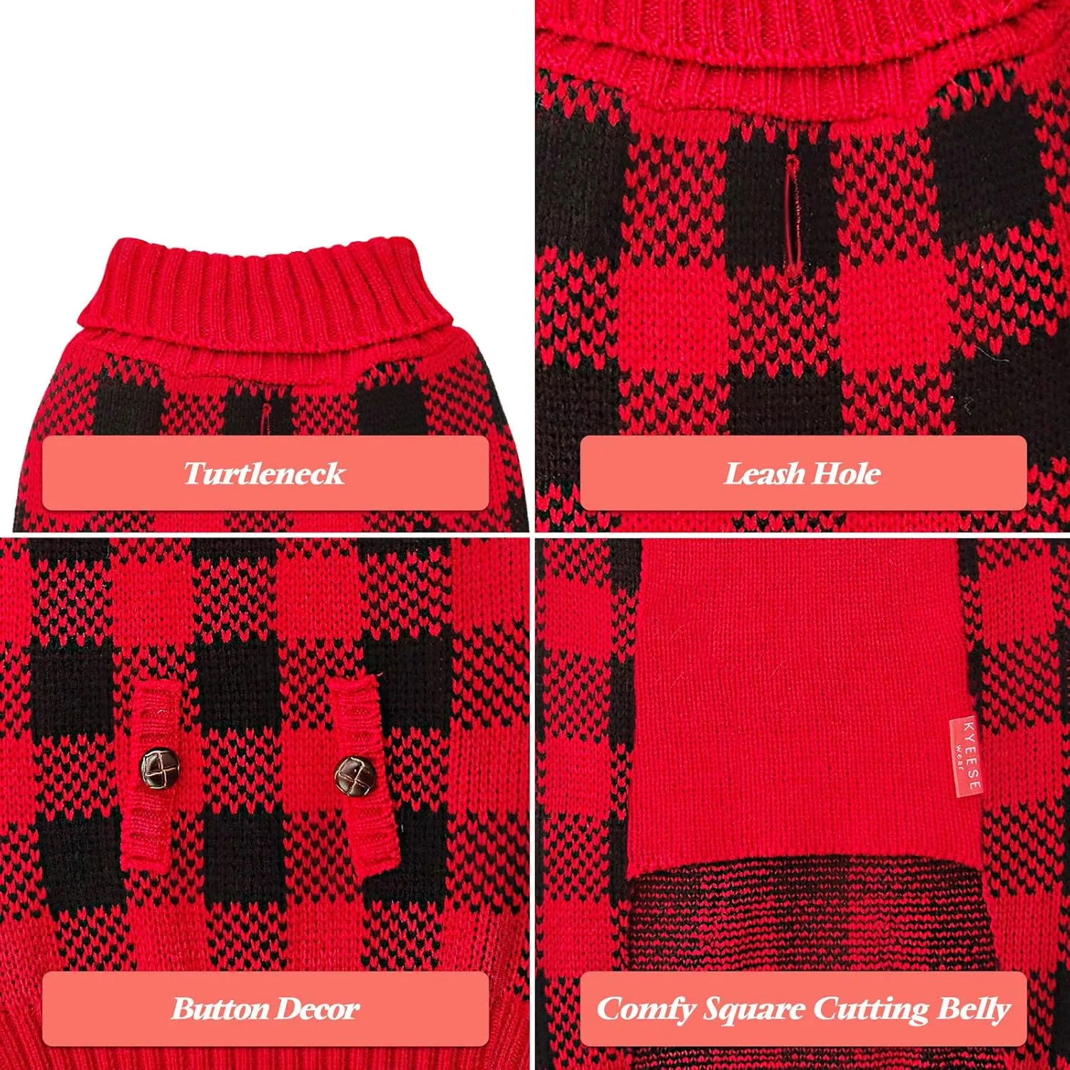 KYEESE Christmas Dogs Sweaters Buffalo Check Dog Christmas Outfit with Leash Hole Turtleneck Dogs Cable Knit Puppy Sweaters Pullover for Cold Weather