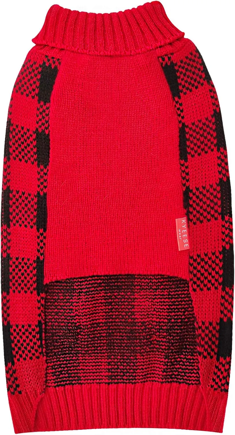 KYEESE Christmas Dogs Sweaters Buffalo Check Dog Christmas Outfit with Leash Hole Turtleneck Dogs Cable Knit Puppy Sweaters Pullover for Cold Weather