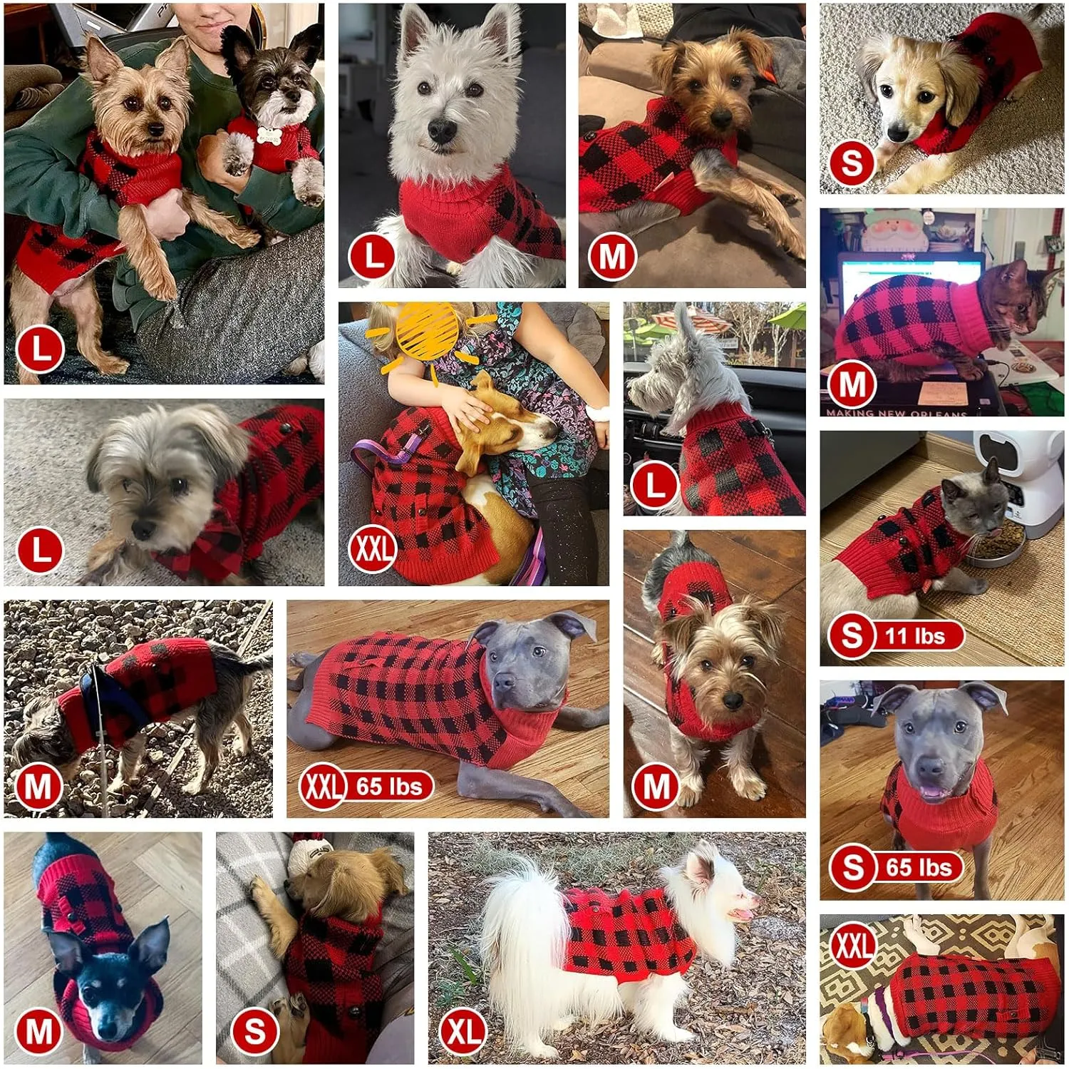 KYEESE Christmas Dogs Sweaters Buffalo Check Dog Christmas Outfit with Leash Hole Turtleneck Dogs Cable Knit Puppy Sweaters Pullover for Cold Weather