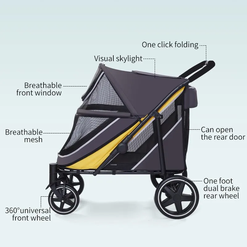 Large Dog Stroller-4 Wheel Pet Strollers for Medium Dogs or 2 Dogs- One-Click Foldable - Large Breathable Mesh & Sunroof - All Terrain Pet Stroller for Medium Senior Dog up to 88 lbs (Yellow)