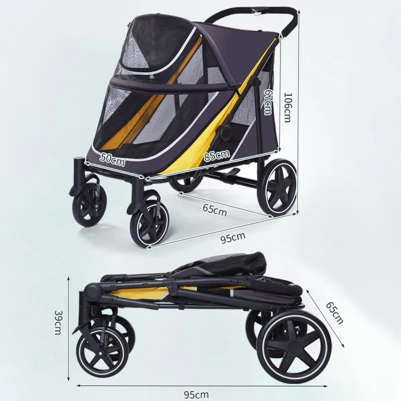 Large Dog Stroller-4 Wheel Pet Strollers for Medium Dogs or 2 Dogs- One-Click Foldable - Large Breathable Mesh & Sunroof - All Terrain Pet Stroller for Medium Senior Dog up to 88 lbs (Yellow)