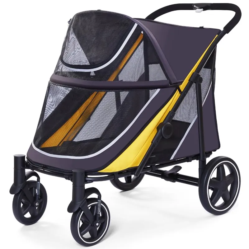 Large Dog Stroller-4 Wheel Pet Strollers for Medium Dogs or 2 Dogs- One-Click Foldable - Large Breathable Mesh & Sunroof - All Terrain Pet Stroller for Medium Senior Dog up to 88 lbs (Yellow)