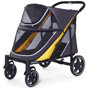 Large Dog Stroller-4 Wheel Pet Strollers for Medium Dogs or 2 Dogs- One-Click Foldable - Large Breathable Mesh & Sunroof - All Terrain Pet Stroller for Medium Senior Dog up to 88 lbs (Yellow)