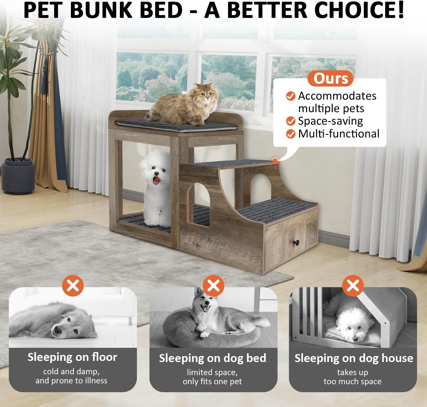 Large Pet Bunk Bed for Cats, Multi-Level Pet Window Perch Seat Platform with Removable Stairs and Mats for Cats and Dogs, Pet Bed Couch with Drawers for Bedside, Home, Indoor Use, Grey