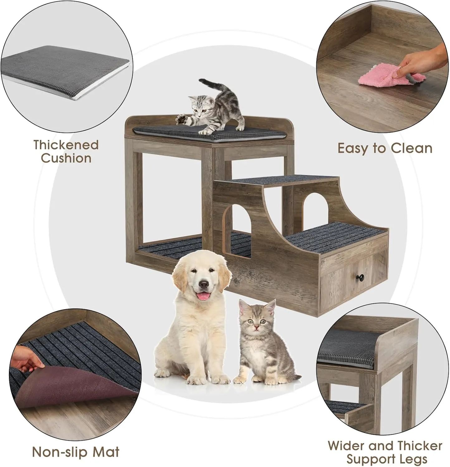 Large Pet Bunk Bed for Cats, Multi-Level Pet Window Perch Seat Platform with Removable Stairs and Mats for Cats and Dogs, Pet Bed Couch with Drawers for Bedside, Home, Indoor Use, Grey