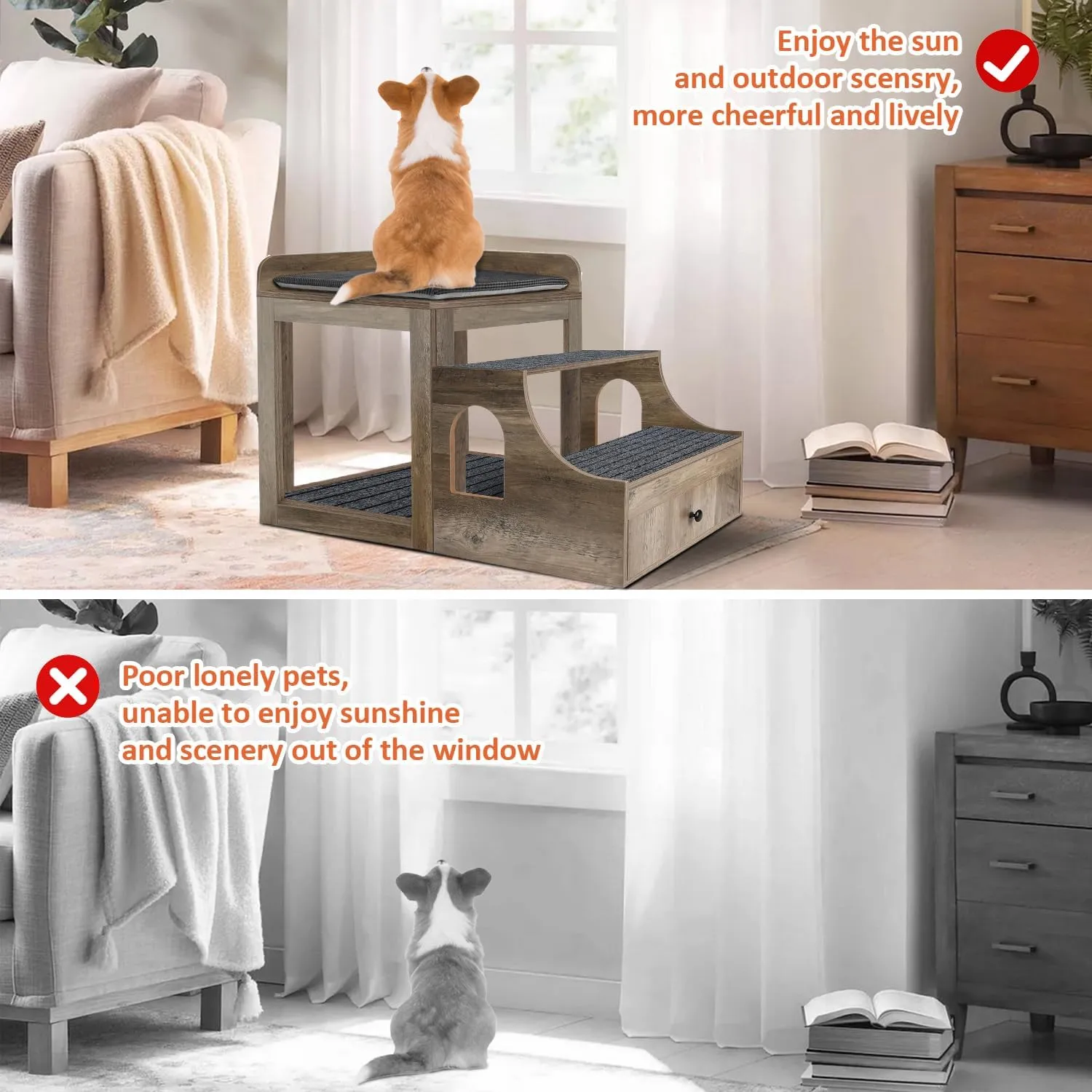Large Pet Bunk Bed for Cats, Multi-Level Pet Window Perch Seat Platform with Removable Stairs and Mats for Cats and Dogs, Pet Bed Couch with Drawers for Bedside, Home, Indoor Use, Grey