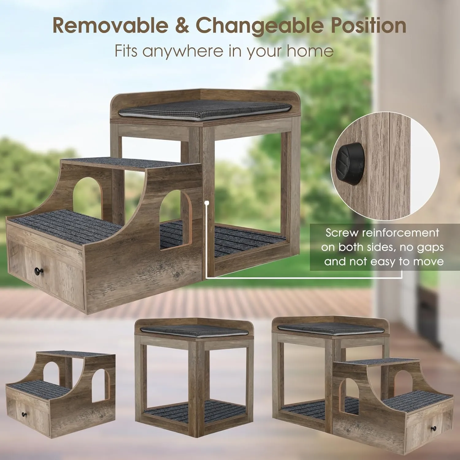 Large Pet Bunk Bed for Cats, Multi-Level Pet Window Perch Seat Platform with Removable Stairs and Mats for Cats and Dogs, Pet Bed Couch with Drawers for Bedside, Home, Indoor Use, Grey
