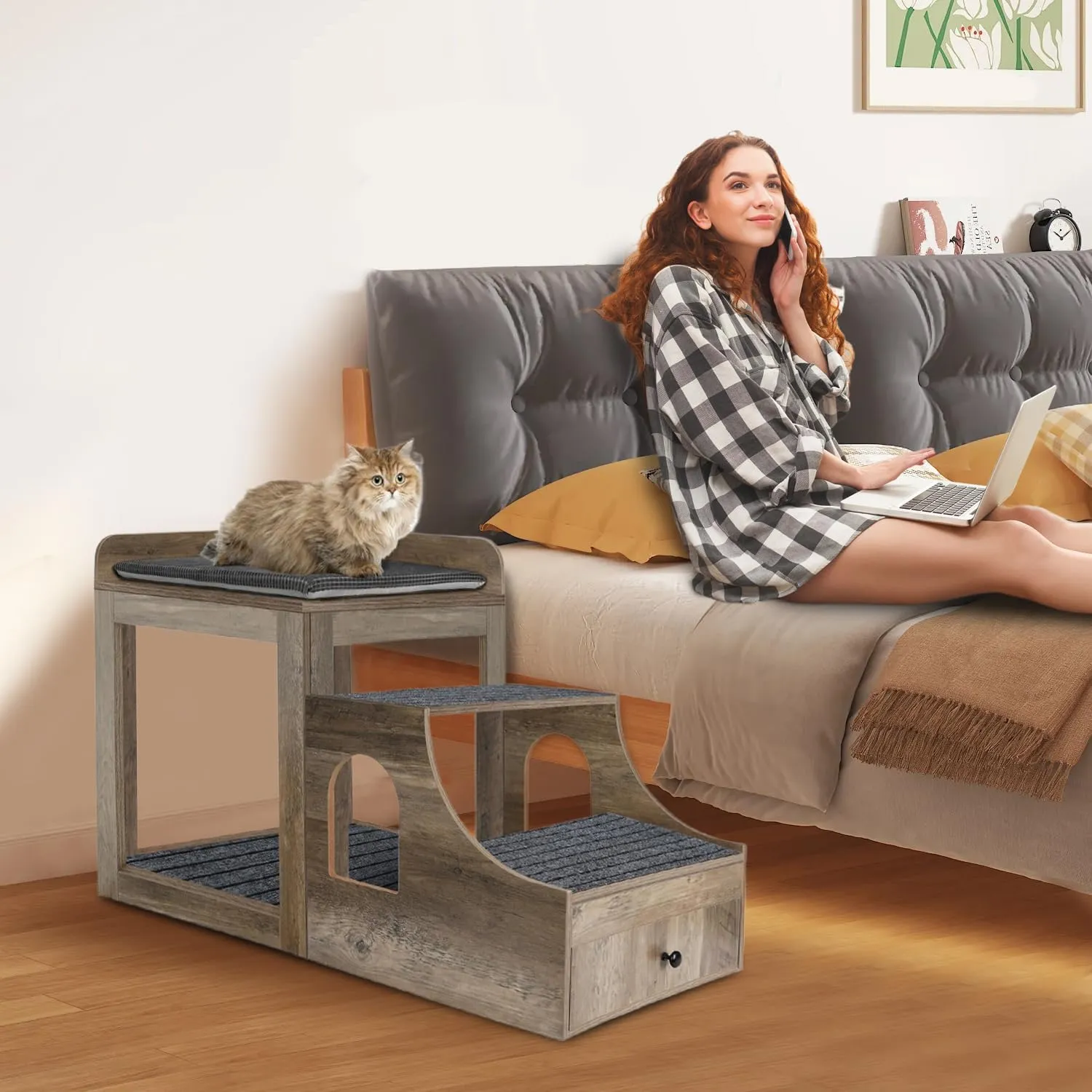 Large Pet Bunk Bed for Cats, Multi-Level Pet Window Perch Seat Platform with Removable Stairs and Mats for Cats and Dogs, Pet Bed Couch with Drawers for Bedside, Home, Indoor Use, Grey
