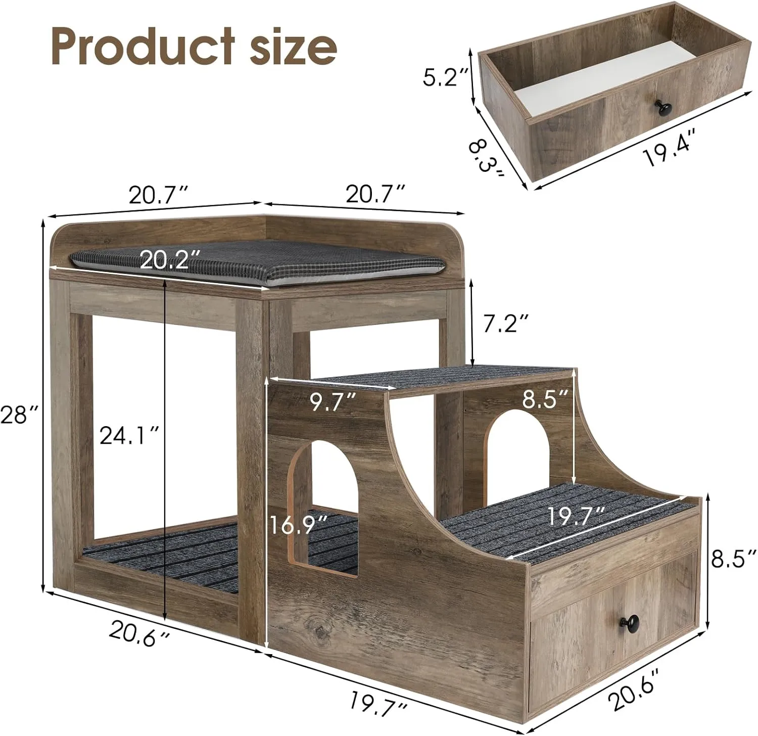 Large Pet Bunk Bed for Cats, Multi-Level Pet Window Perch Seat Platform with Removable Stairs and Mats for Cats and Dogs, Pet Bed Couch with Drawers for Bedside, Home, Indoor Use, Grey