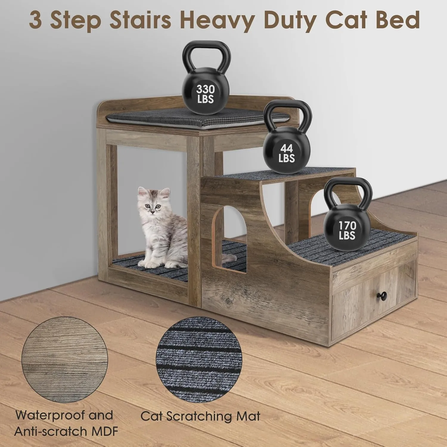 Large Pet Bunk Bed for Cats, Multi-Level Pet Window Perch Seat Platform with Removable Stairs and Mats for Cats and Dogs, Pet Bed Couch with Drawers for Bedside, Home, Indoor Use, Grey