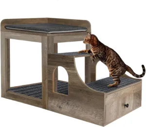 Large Pet Bunk Bed for Cats, Multi-Level Pet Window Perch Seat Platform with Removable Stairs and Mats for Cats and Dogs, Pet Bed Couch with Drawers for Bedside, Home, Indoor Use, Grey