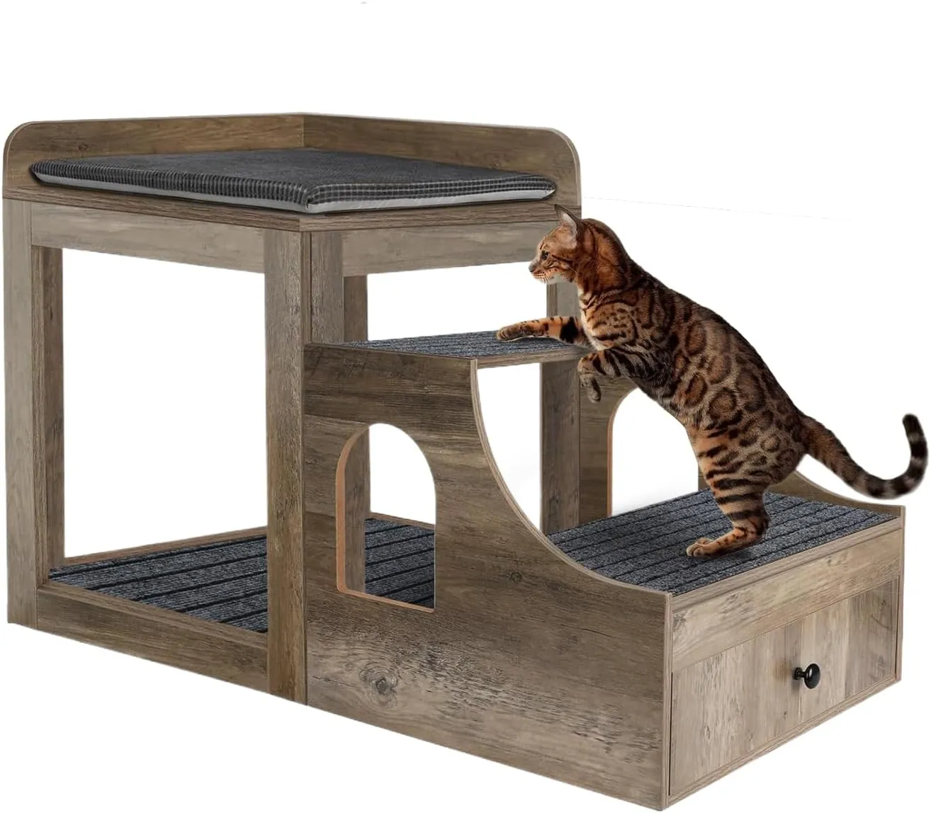 Large Pet Bunk Bed for Cats, Multi-Level Pet Window Perch Seat Platform with Removable Stairs and Mats for Cats and Dogs, Pet Bed Couch with Drawers for Bedside, Home, Indoor Use, Grey