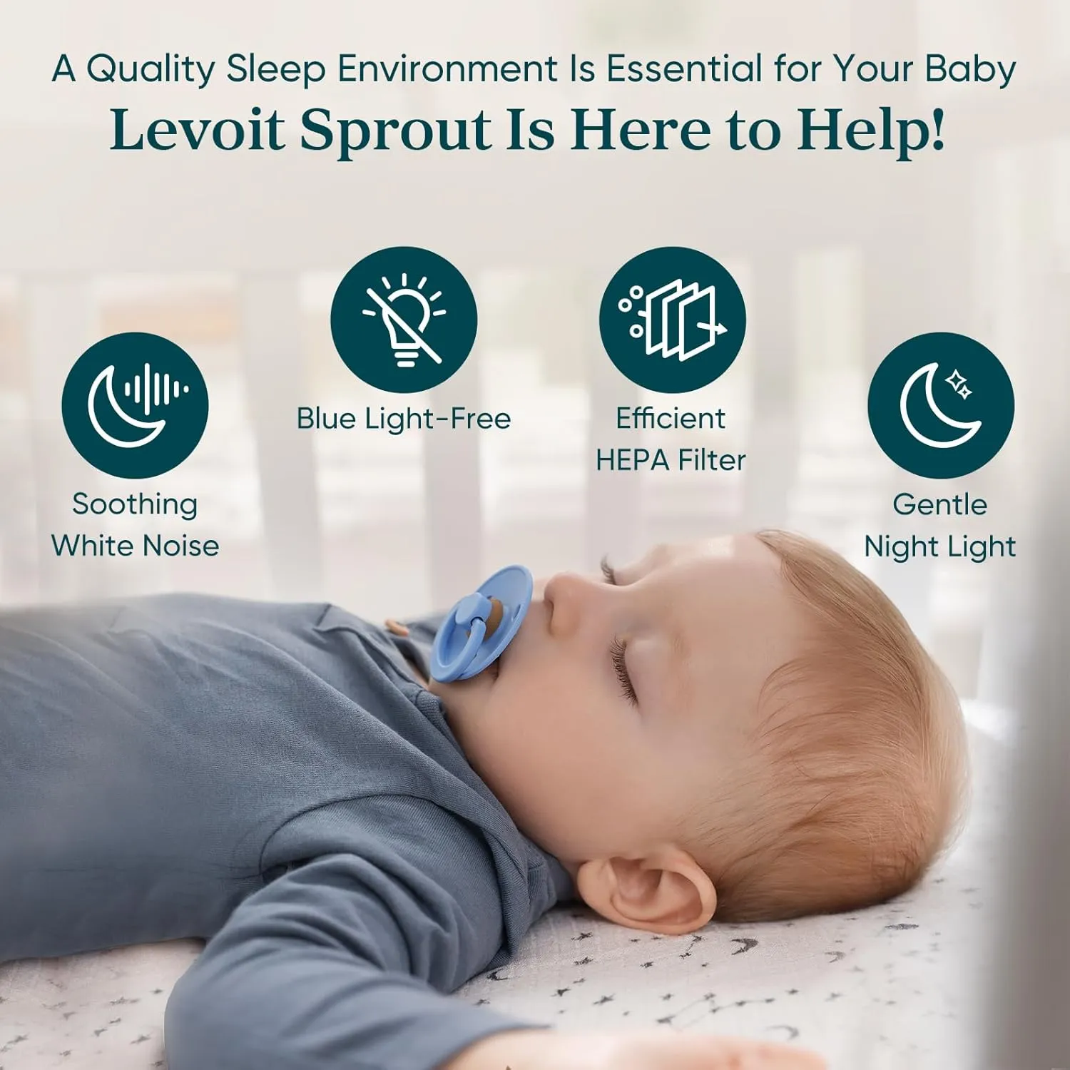 LEVOIT Air Purifier for Baby with White Noise Sound Machine and Blue-Light-Free Night Light in Bedroom, HEPA Filter Removes Ultrafine Particle, AHAM VERIFIDE, 5 Air Quality Monitor, Smart WiFi, Sprout