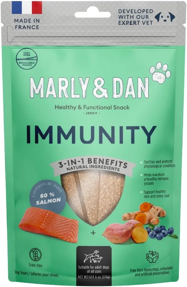 Marly & Dan Baked Salmon Jerky Snack Bar for Dogs with Sweet Potato and Blueberries - Delicious Treats Dogs Adore, Naturally Healthy & Functional Immunity Recipe, Rich in Omega 3/6, 6 oz