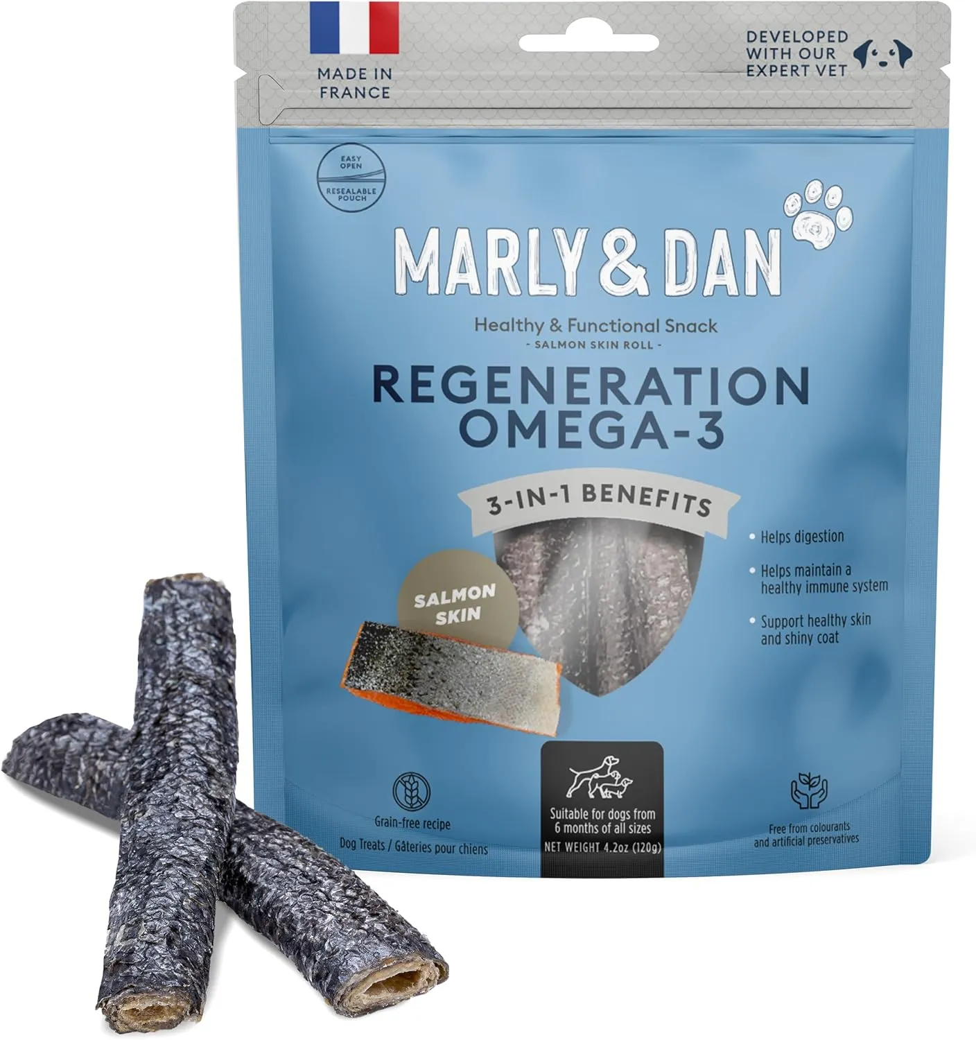 Marly & Dan Regeneration Omega-3 Pure Salmon Skin Roll Treats for Dogs, Rich in Omega 3, Healthy Skin, Shiny Coat and Boosts Immune System