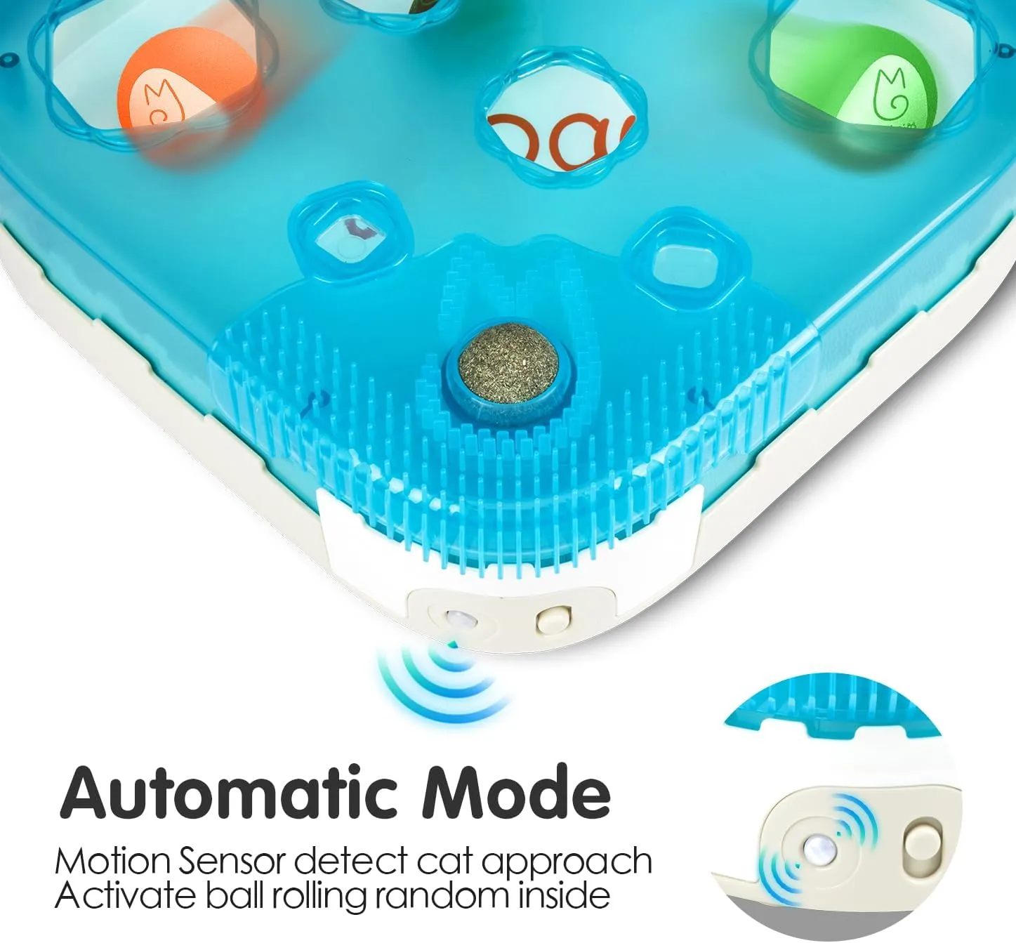 Migipaws 7-in-1 Interactive Cat Toy Motion Activated Indoor Playset with Automatic Pop Bounce Cat Ball, Feather Palm Tree Wand, Catnip Ball & Self-Grooming Cardboard House Rechargeable