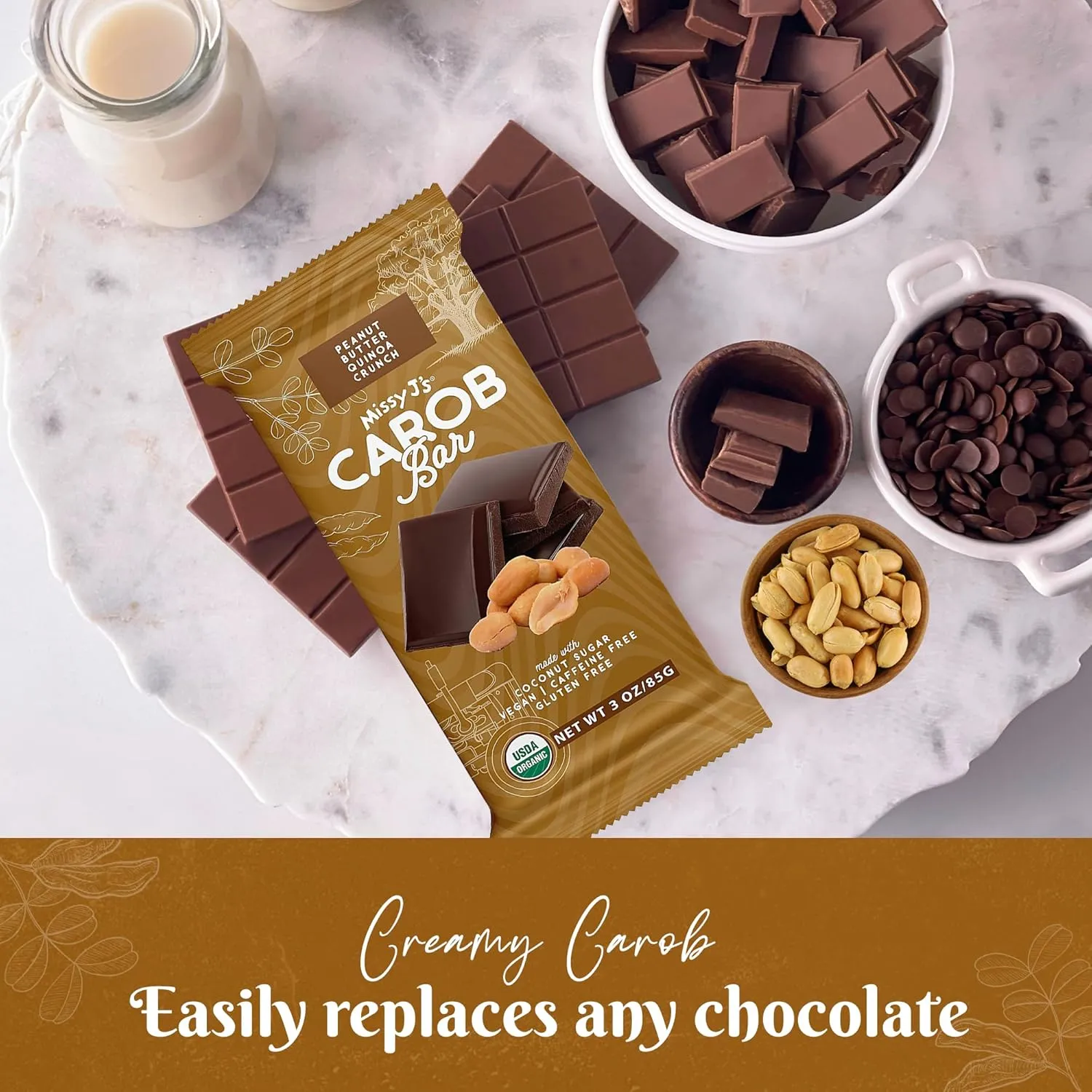 Missy J's Organic Peanut Butter Carob Bar 3 Ounce 2 Pack | Carob Made w/Coconut Sugar, Vegan and Gluten-Free | Healthy Caffeine Free Substitute for Chocolate, Perfect for Snacks and Treats