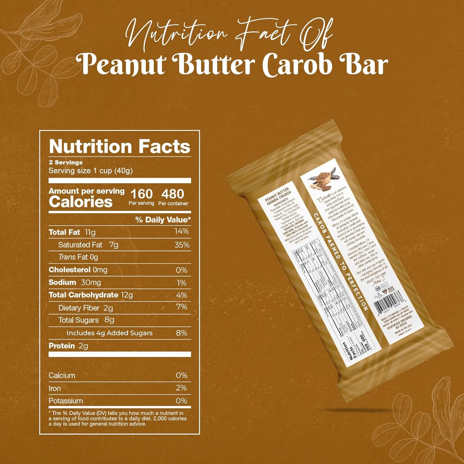 Missy J's Organic Peanut Butter Carob Bar 3 Ounce 2 Pack | Carob Made w/Coconut Sugar, Vegan and Gluten-Free | Healthy Caffeine Free Substitute for Chocolate, Perfect for Snacks and Treats