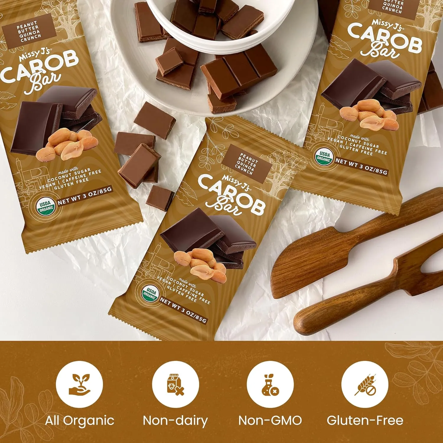 Missy J's Organic Peanut Butter Carob Bar 3 Ounce 2 Pack | Carob Made w/Coconut Sugar, Vegan and Gluten-Free | Healthy Caffeine Free Substitute for Chocolate, Perfect for Snacks and Treats