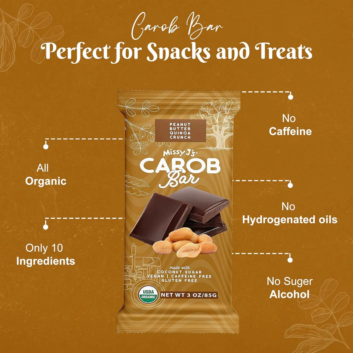 Missy J's Organic Peanut Butter Carob Bar 3 Ounce 2 Pack | Carob Made w/Coconut Sugar, Vegan and Gluten-Free | Healthy Caffeine Free Substitute for Chocolate, Perfect for Snacks and Treats