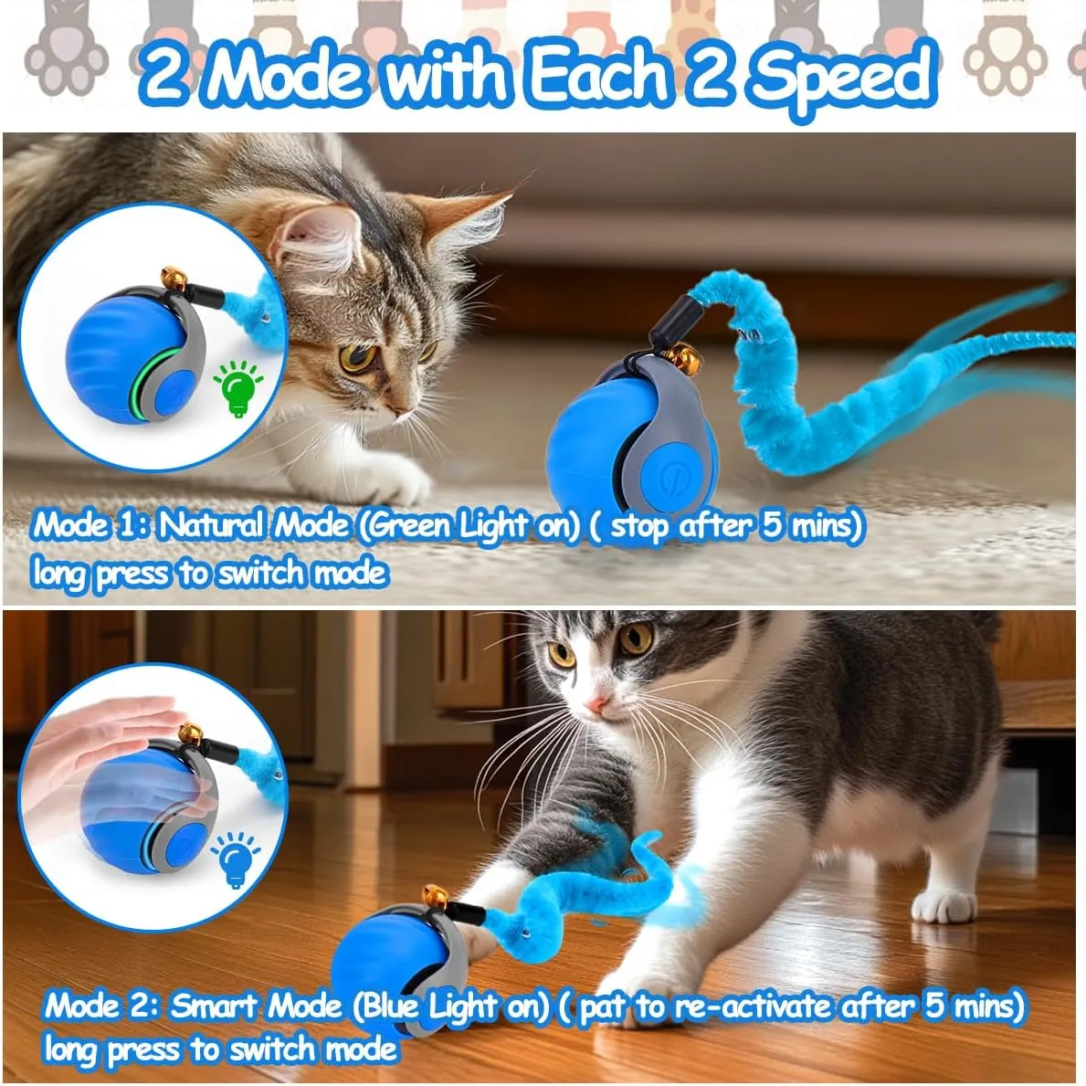 Mity rain Interactive Cat Ball Toy, Self Rolling Ball with Cover, Anti-Scratch for Indoor Cats, Obstacle Avoidance, Speedy Cat Toys for Enrichment, Motion Activated, Blue, 1 Count