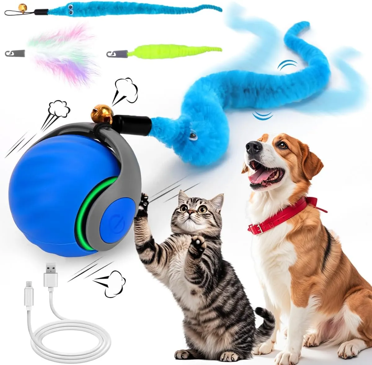 Mity rain Interactive Cat Ball Toy, Self Rolling Ball with Cover, Anti-Scratch for Indoor Cats, Obstacle Avoidance, Speedy Cat Toys for Enrichment, Motion Activated, Blue, 1 Count