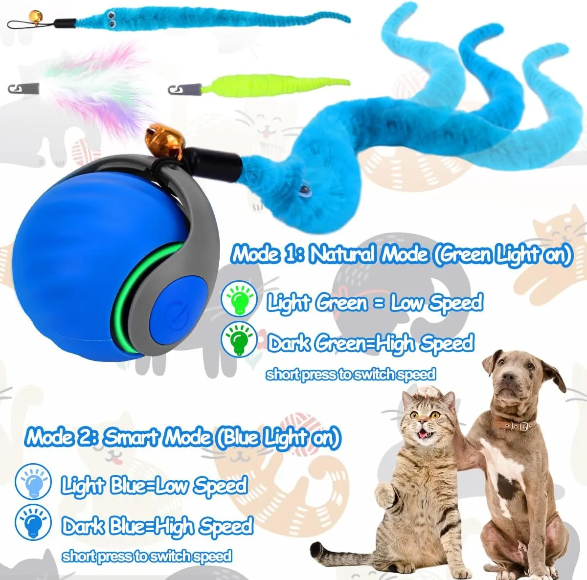 Mity rain Interactive Cat Ball Toy, Self Rolling Ball with Cover, Anti-Scratch for Indoor Cats, Obstacle Avoidance, Speedy Cat Toys for Enrichment, Motion Activated, Blue, 1 Count