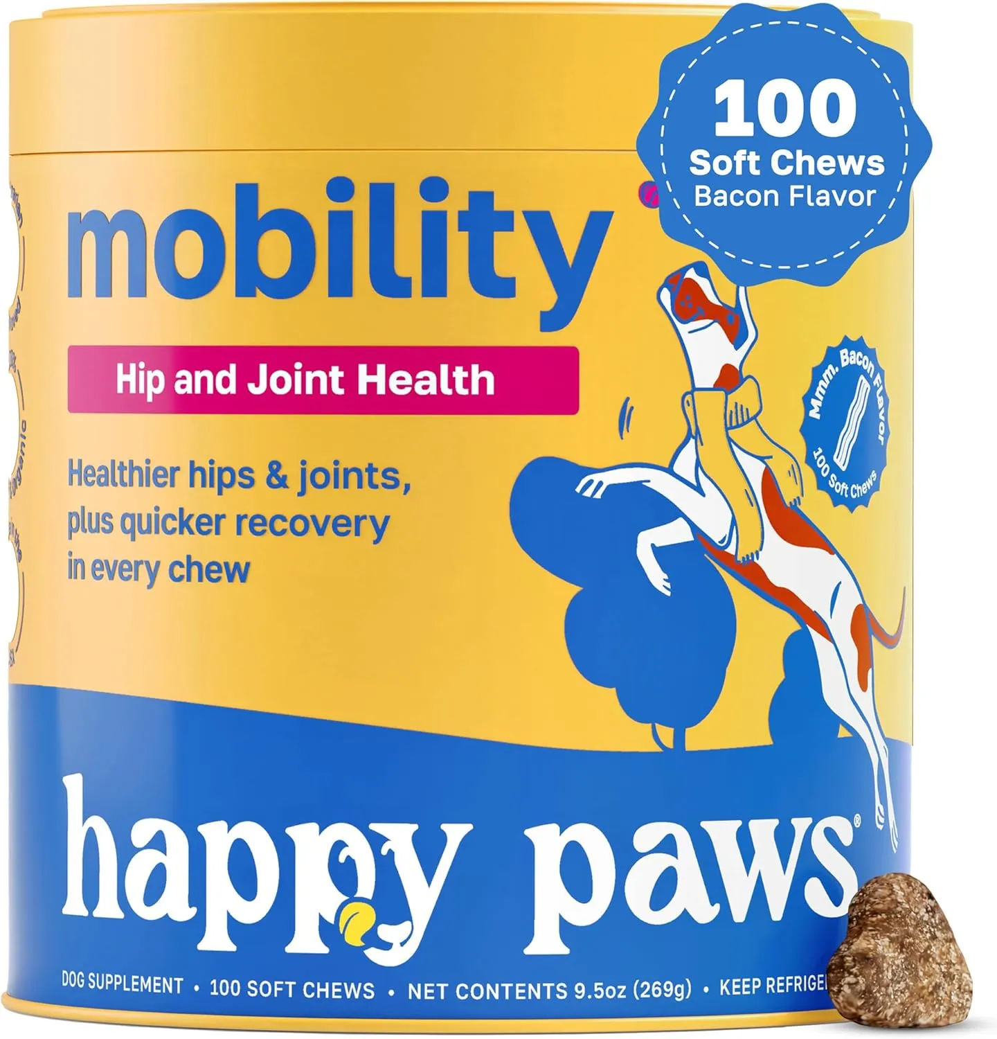 Mobility Hip & Joint Health Support for Dogs, Soft Chews with Glucosamine, Chondroitin, Msm, Green Lipped Mussel, Turmeric & Hyaluronic Acid, Organic, Bacon Flavor, 100 Count