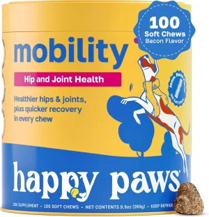 Mobility Hip & Joint Health Support for Dogs, Soft Chews with Glucosamine, Chondroitin, Msm, Green Lipped Mussel, Turmeric & Hyaluronic Acid, Organic, Bacon Flavor, 100 Count