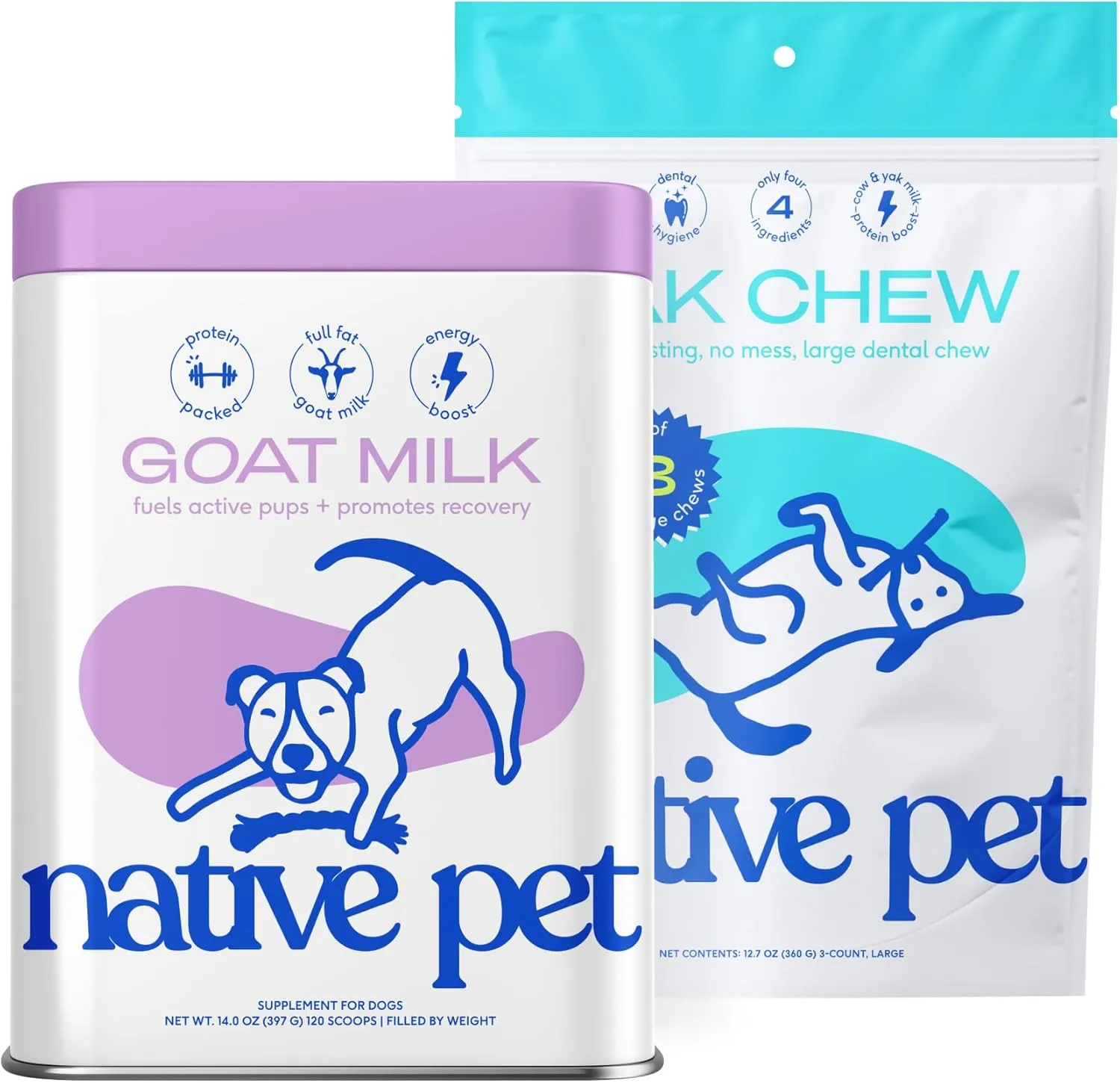 Native Pet Goat Milk Powder for Dogs (120 Scoops) & Yak Chew (3 Large Chews) - All Natural Dental Sticks Made with Yak Cheese & Organic Goat Milk to Support a Healthy Digestive System