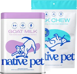 Native Pet Goat Milk Powder for Dogs (120 Scoops) & Yak Chew (3 Large Chews) - All Natural Dental Sticks Made with Yak Cheese & Organic Goat Milk to Support a Healthy Digestive System