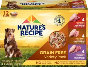 Natures Recipe Grain Free Chicken & Beef, Chicken & Turkey, Chicken & Lamb Wet Dog Food Variety Pack, 2.75 Ounce (Pack of 12)