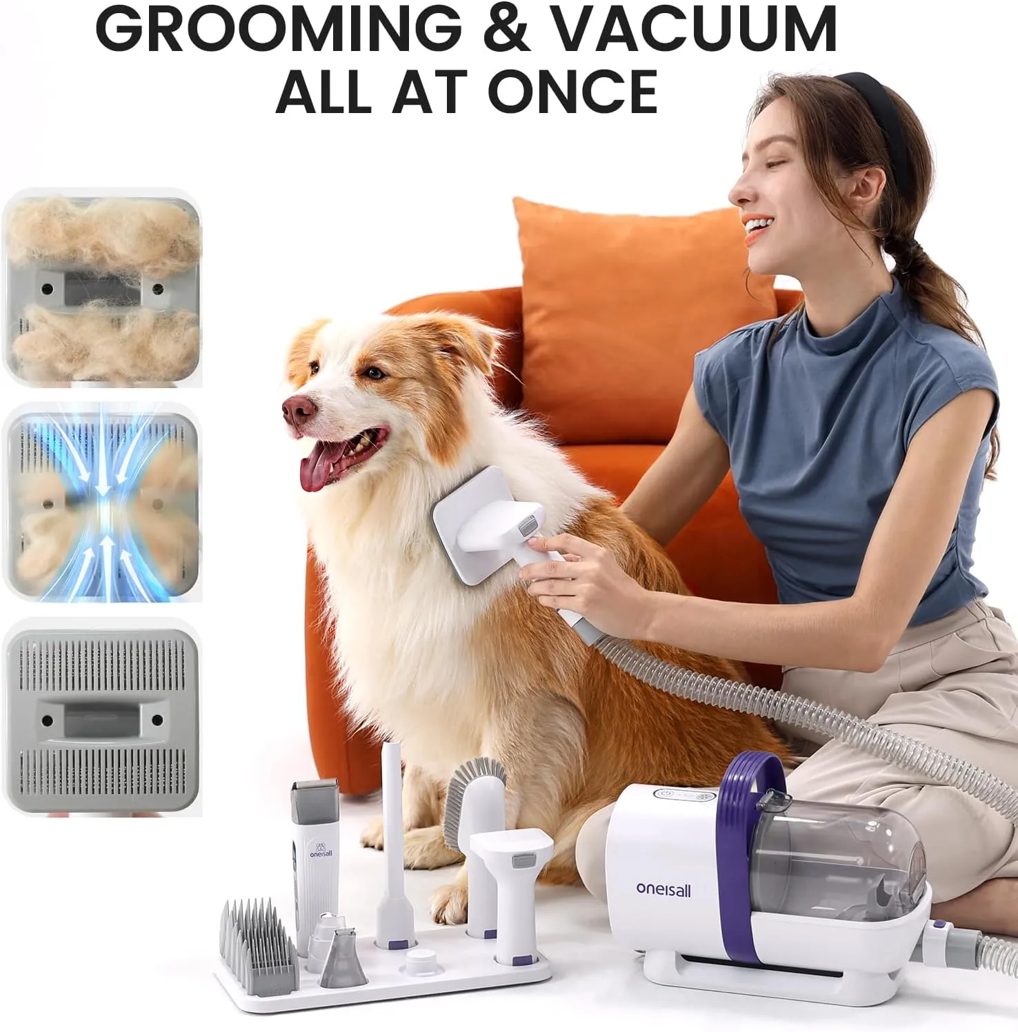 oneisall Dog Grooming Vacuum, Pet Grooming Vacuum with Clipper Nail Grinder, 1.5L Dust Cup Dog deshedding Vacuum Brush with 7 Pet Grooming Tools for Shedding Pet Hair, Home Cleaning