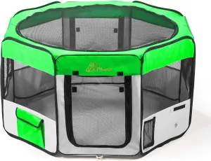 Pawer 3618.5 8-Panel Foldable Pet Playpen, Bright Green Grey, Personalize Embroidery Fabric Piece Available, for Cat/Dog/Puppy, 600D Oxford Cloth Portable Indoor & Outdoor Kennel with Carry Bag