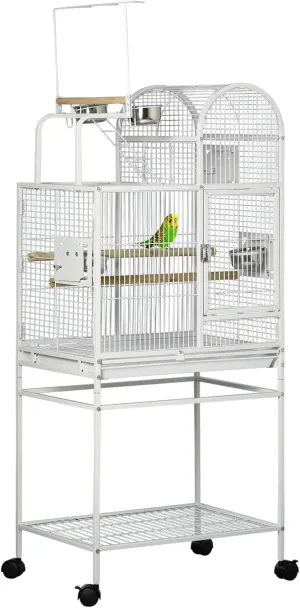 PawHut 55" Large Parrot Cage with Toy Hooks Above Top Bird Perch, Tray, Food Cups, Rolling Stand, Bird Cage for Cockatiels, Parakeets, Lovebirds