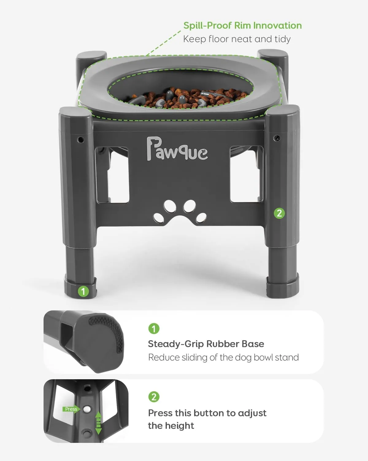 Pawque 35oz Elevated Slow Feeder Dog Food Bowls with Adjustable Stand (3 Heights 6.1", 7.7", 9.3"), Raised Dog Bowls for Medium and Small Breed Dogs Cats, Non Slip Rubber & Mess Proof