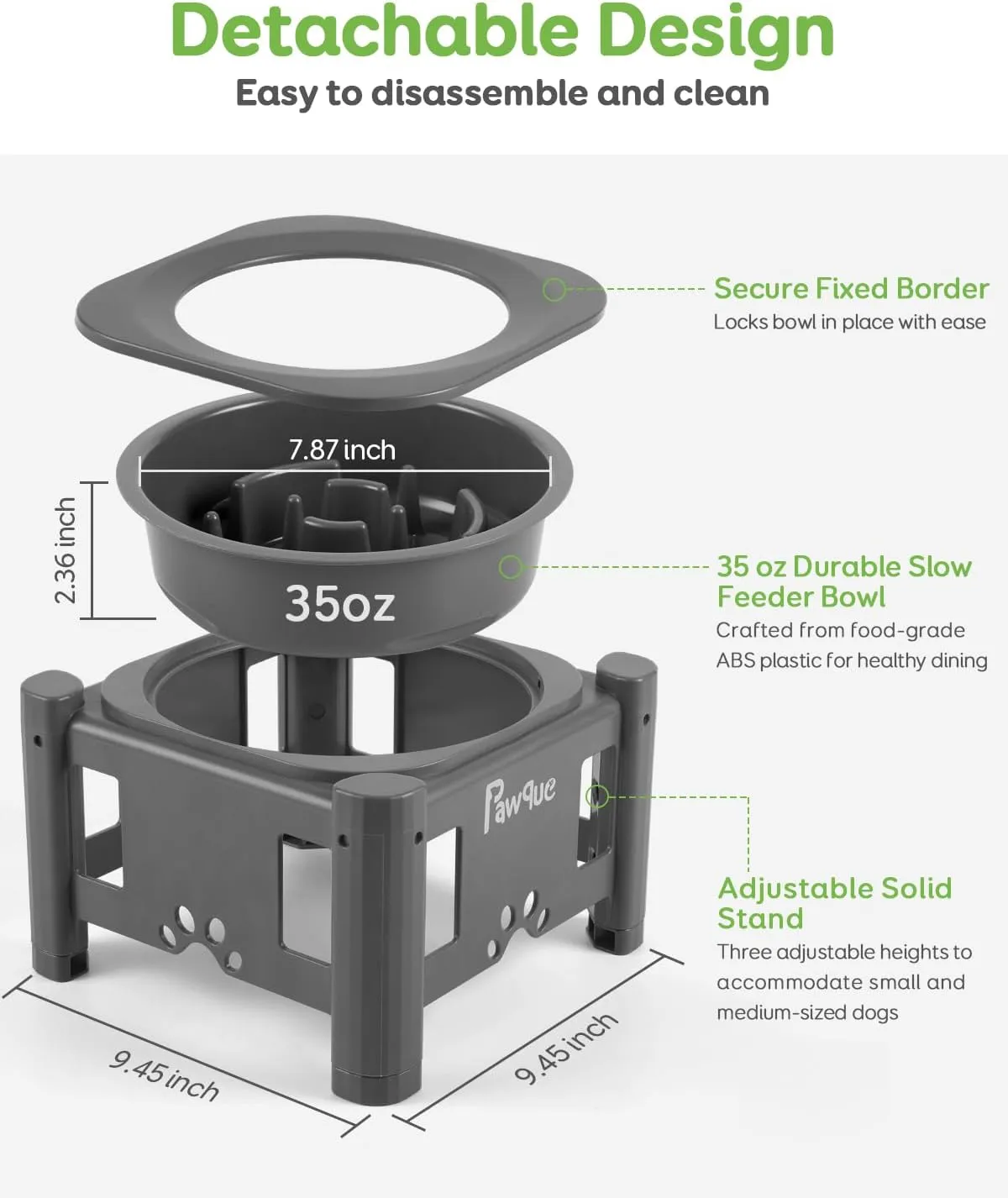 Pawque 35oz Elevated Slow Feeder Dog Food Bowls with Adjustable Stand (3 Heights 6.1", 7.7", 9.3"), Raised Dog Bowls for Medium and Small Breed Dogs Cats, Non Slip Rubber & Mess Proof