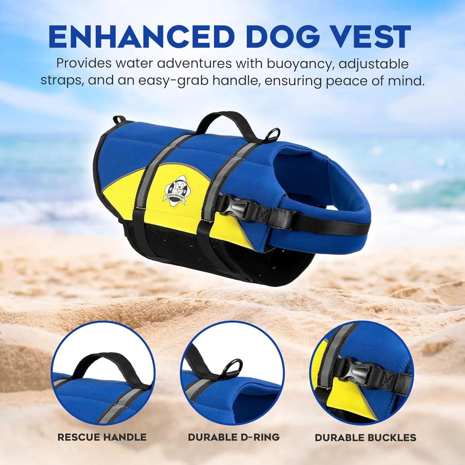 Paws Aboard Dog Life Jacket - Keep Your Canine Safe with a Neoprene Life Vest for Swimming and Boating - Available in Different Sizes, Color and Design to Choose - Blue/Yellow, Small