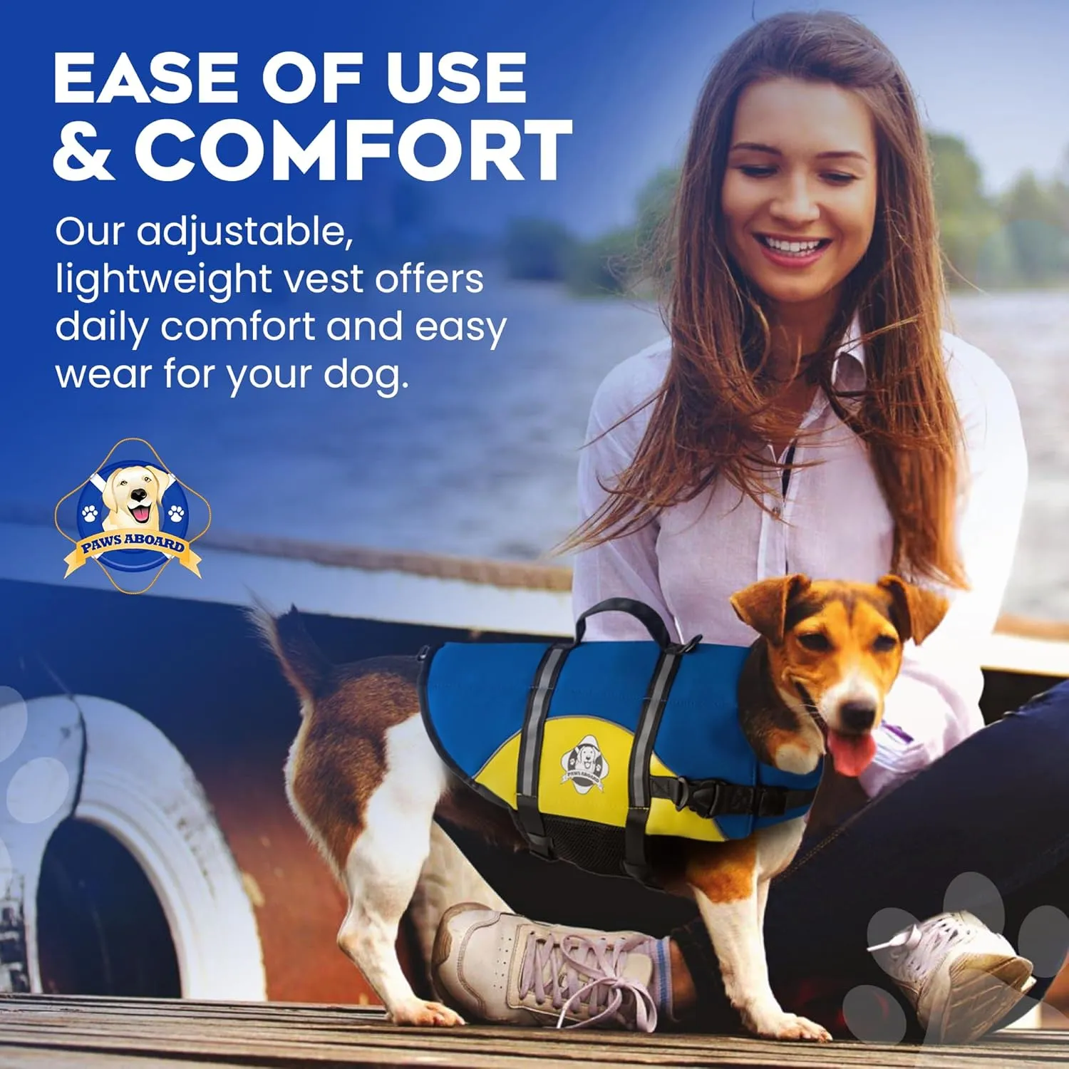 Paws Aboard Dog Life Jacket - Keep Your Canine Safe with a Neoprene Life Vest for Swimming and Boating - Available in Different Sizes, Color and Design to Choose - Blue/Yellow, Small