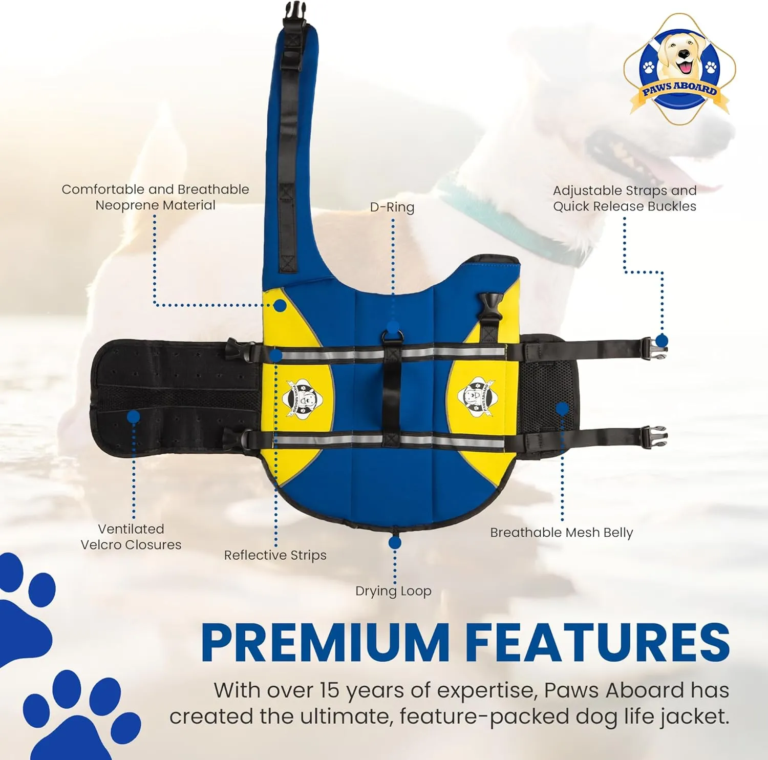 Paws Aboard Dog Life Jacket - Keep Your Canine Safe with a Neoprene Life Vest for Swimming and Boating - Available in Different Sizes, Color and Design to Choose - Blue/Yellow, Small
