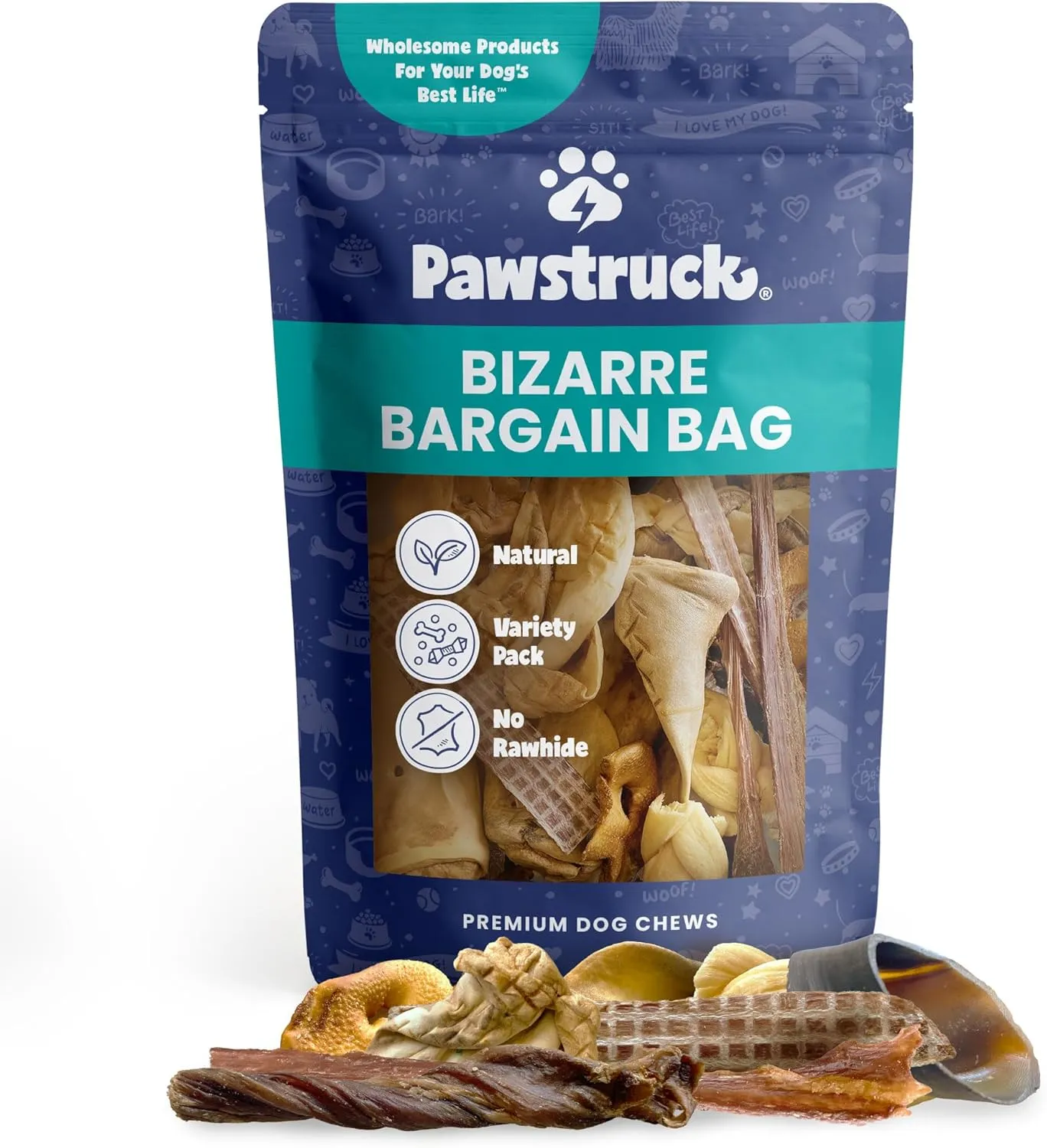 Pawstruck Bizarre Bargain Bag Assorted Natural Dog Chew Treats - Animal Ears, Jerky, Bones, Hooves, Beef Straps - Long Lasting Rawhide Alternative for Chewers, All Breeds - 1 lb, Packaging May Vary