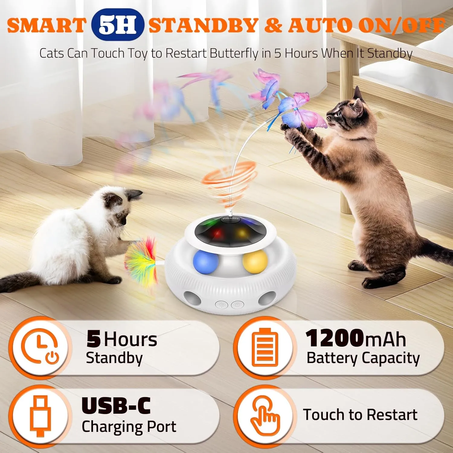 Pawtners Interactive Cat Toy: 4 in 1 Automatic Interactive Kitten Toys for Indoor Cats Rechargeable with Fluttering Butterfly, Track Balls and Ambush Feather
