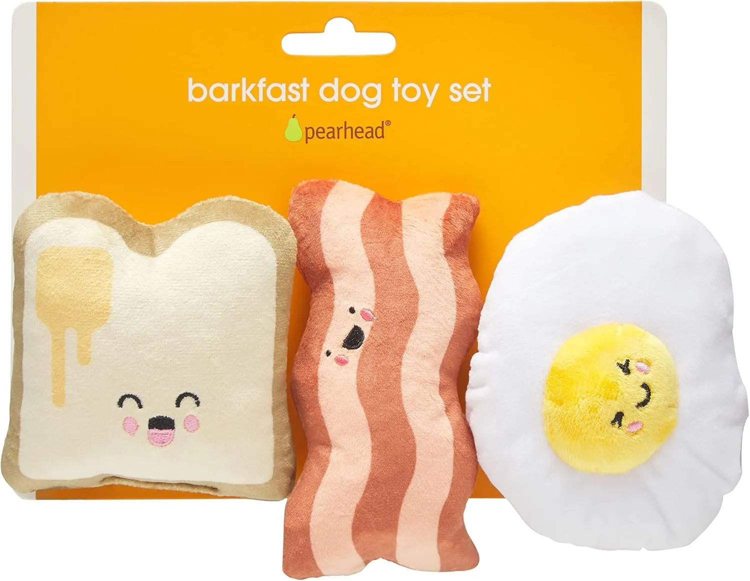 Pearhead Barkfast Dog Toys, Set of 3, Plush Pet Squeaker Toys, Breakfast Dog Toy Set, Toast Bacon & Egg Toy Set, Must Have Pet Accessories for Pet Owners