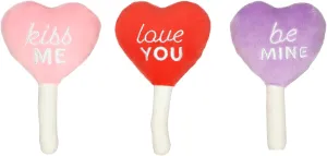 Pearhead Valentine's Day Plush Dog Toy Set - Holiday Pet Squeaky Toys, Pet Owner Gifts, Candy Conversation Hearts - Set of 3