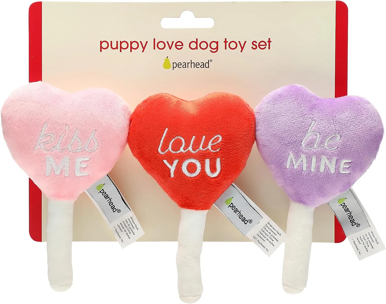 Pearhead Valentine's Day Plush Dog Toy Set - Holiday Pet Squeaky Toys, Pet Owner Gifts, Candy Conversation Hearts - Set of 3