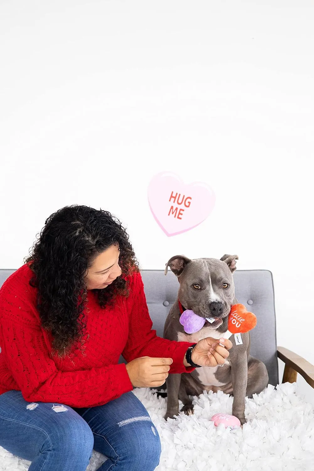 Pearhead Valentine's Day Plush Dog Toy Set - Holiday Pet Squeaky Toys, Pet Owner Gifts, Candy Conversation Hearts - Set of 3